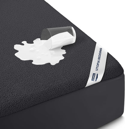 Utopia Bedding Twin Size Mattress Protector - Waterproof Terry Cover with Deep Pockets | Soft & Breathable Black