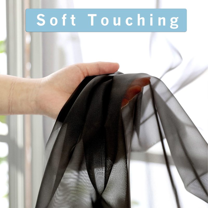OWENIE Black Sheer Curtains, 45" Long Light Filtering Tiers for Kitchen, Basement, Bedroom - 2 Panels, Cafe Curtains for Small Windows, 42" W x 45" L