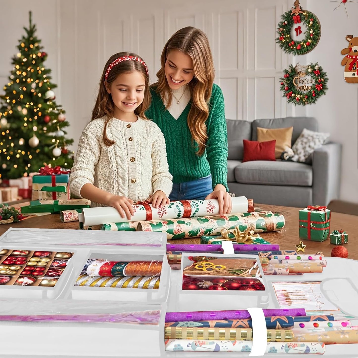 Oxford Extra Large Gift Wrapping Paper Storage Bag - Double-Sided Christmas Wrapper Organizer, 48x24