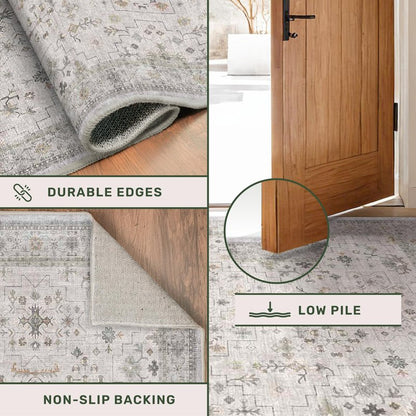 Washable 2x3 Throw Rugs for Entryway, Front Door Mat, Low Pile Non-Slip Small Area Rugs for Kitchen, Bathroom, Powder Room, Mudroom, Neutral Light Grey with Floral Accent