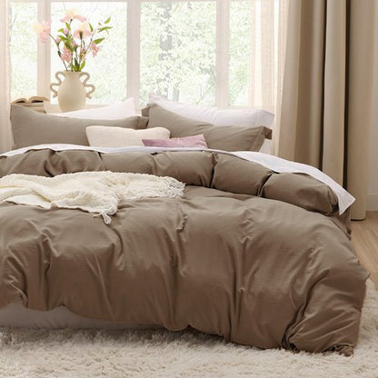Bedsure Coffee Duvet Cover Queen Size - 3 Pieces Prewashed Cotton-Like Polyester Extra Soft Bedding Set, Includes 1 Duvet Cover 90x90 Inches with Zipper Closure & 2 Pillow Shams, No Comforter
