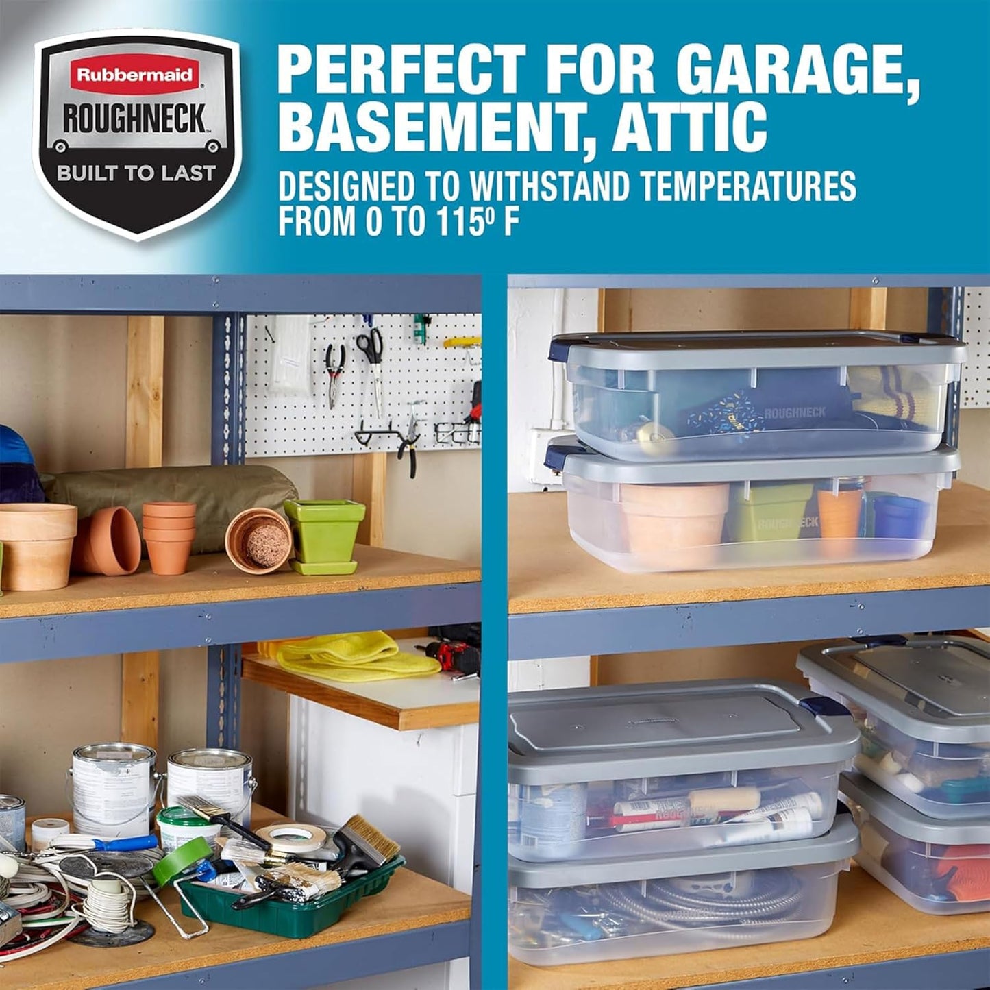 Rubbermaid Roughneck 31 Qt Clear Storage Containers - Pack of 6 with Snap-Fit Grey Lids | Sturdy & Stackable
