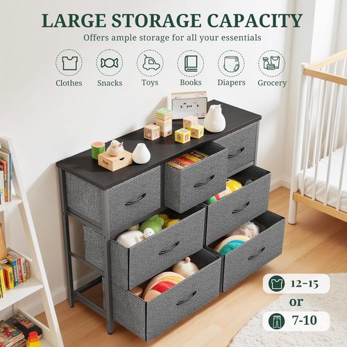 7-Drawer Dresser for Bedroom, Anti-Tip Wide Storage Organizer Fabric Chest of Drawers TV Stand for 45" TV with Wooden Top and Metal Frame for Closet, Living Room, Hallway, Entryway, Gray