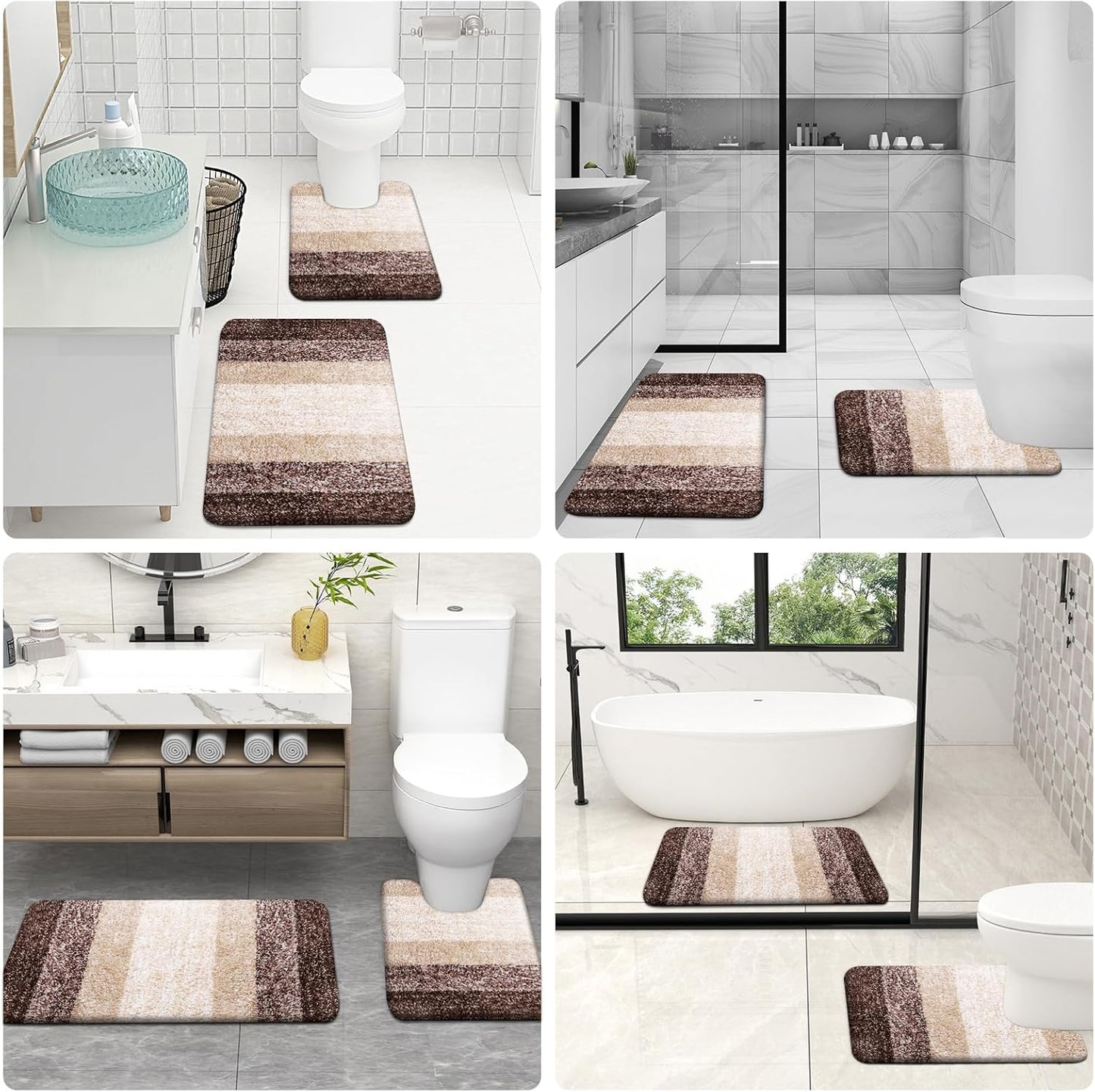 OLANLY Bathroom Rugs Set - Soft Absorbent Microfiber Mats & U-Shaped Contour Rug | Brown, 3-Piece Set (30"x20"+24"x16"+24"x20")