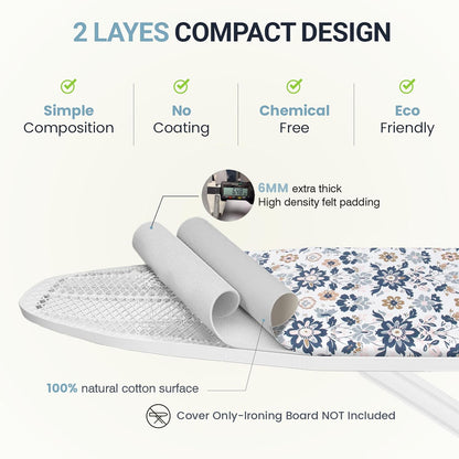 UniSimp Ironing Board Cover - Extra Thick Natural Cotton, Scorch & Stain Resistant | 18"x54" Floral Design