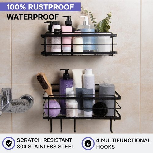 KINCMAX Premium Shower Caddy - 2-Pack Adhesive Organizer | Rustproof Stainless Steel, No Drill, Matte Black