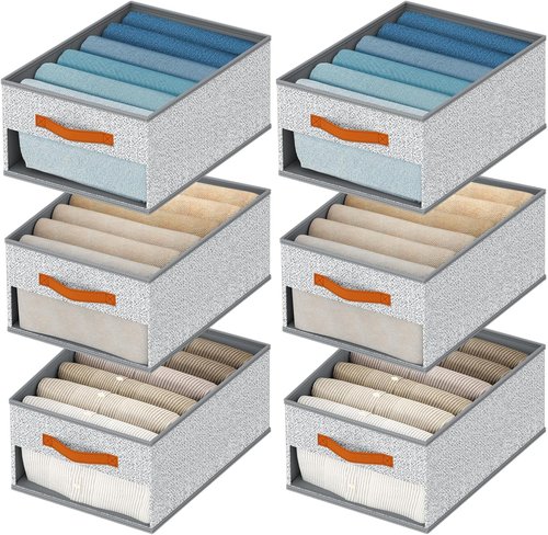 Homsorout Drawer Organizers - 6 Pack Foldable Pants Storage with Clear Window & Handles | Light Gray Fabric Closet Organizer for Clothes, Jeans, & More