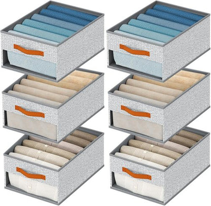 Homsorout Drawer Organizers - 6 Pack Foldable Pants Storage with Clear Window & Handles | Light Gray Fabric Closet Organizer for Clothes, Jeans, & More