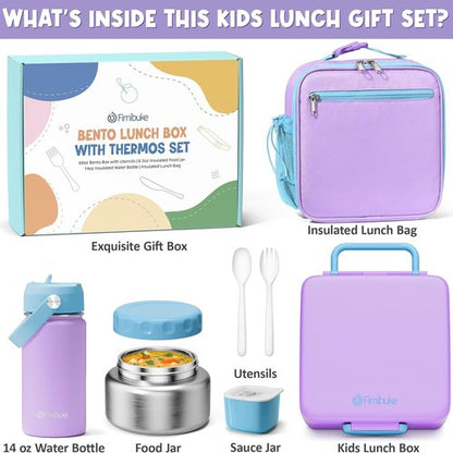 Fimibuke Kids Bento Lunch Box - Leakproof 3-Compartment Container with Insulated Food Jar & Water Bottle