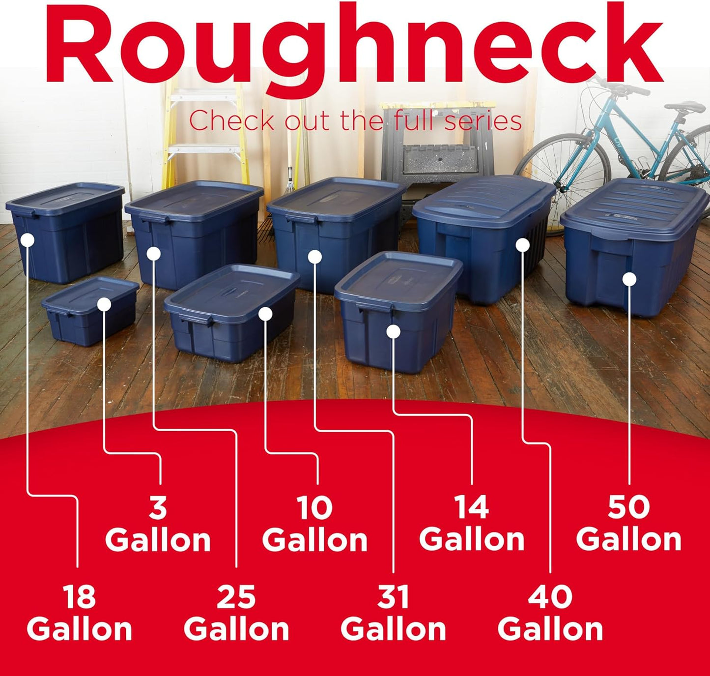 Rubbermaid Roughneck Tote - 18 Gal Stackable Storage Bins with Lids & Handles | Dark Indigo Metallic, 6 Pack