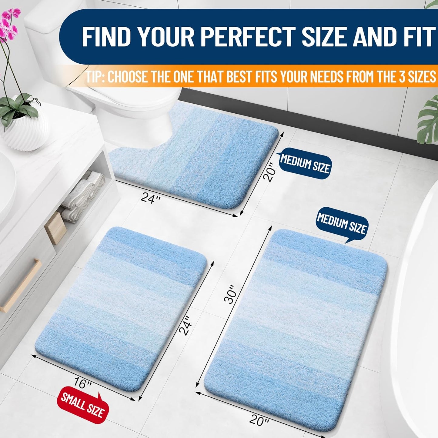 OLANLY Large Bath Rugs - Extra Soft Microfiber Mat 44x32 | Quick Dry & Machine Washable, Sky Blue