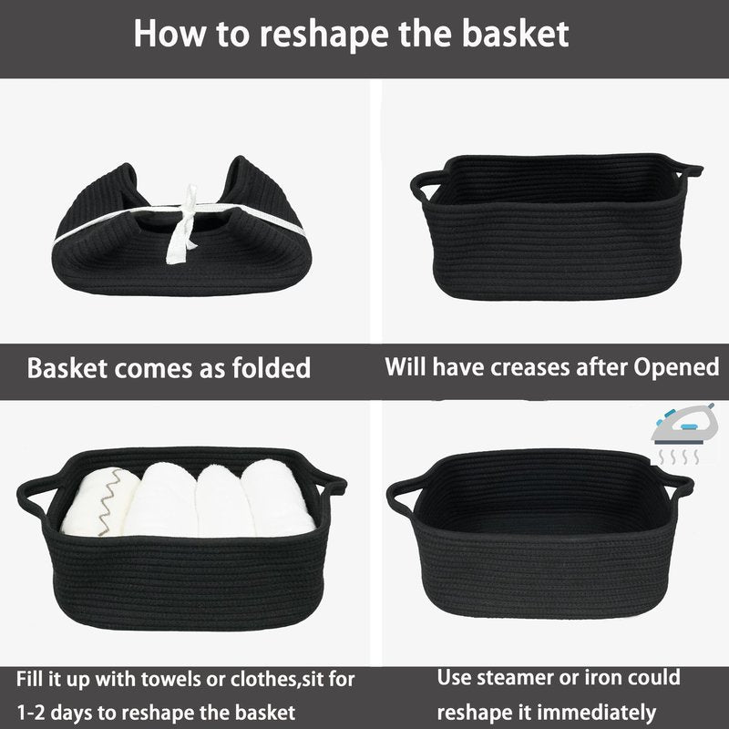 Woven Cotton Rope Storage Basket with Handles for Organizing Shelves Closet Small Cat Dog Pet Toy Basket Box Bin Decorative Rectangle Baby Nursery baskets Gift Baskets Empty Black