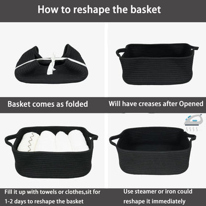 Woven Cotton Rope Storage Basket with Handles for Organizing Shelves Closet Small Cat Dog Pet Toy Basket Box Bin Decorative Rectangle Baby Nursery baskets Gift Baskets Empty Black