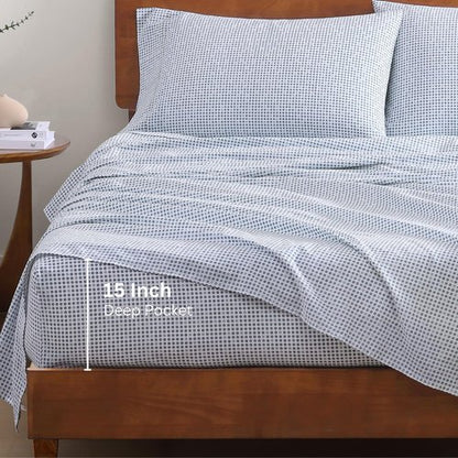 LANE LINEN 100% Organic Cotton Twin Sheets Set - Breathable & Cooling 3-Piece Bedding | Deep Pocket Polka Dot (Blue)