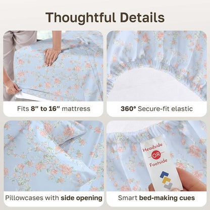 California Design Den King Size Bed Sheets Set - 400 TC Award-Winning Soft Cotton, Smooth Sateen Finish, Deep Pockets - Floral Blue/Pink