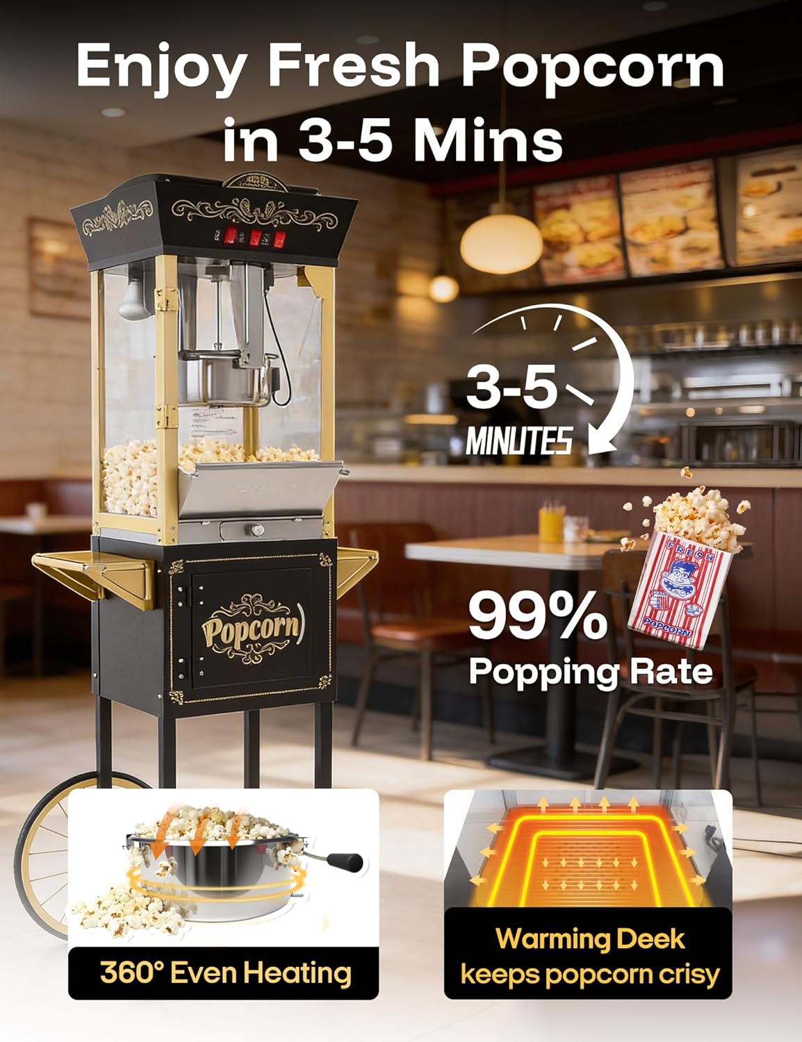 Skiennix 12oz Retro Popcorn Machine - Professional Movie Theater Style with Warming Deck | Black & Gold