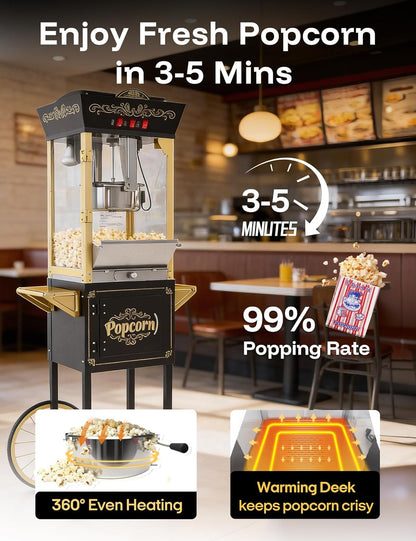 Skiennix 12oz Retro Popcorn Machine - Professional Movie Theater Style with Warming Deck | Black & Gold