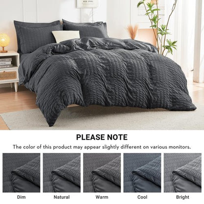 HYMOKEGE Oversized Queen Comforter Set Seersucker 7 Pieces, All Season Luxury Bed in a Bag for Bedroom, Bedding Set with Comforter, Sheets, Pillowcases & Shams, Dark Grey