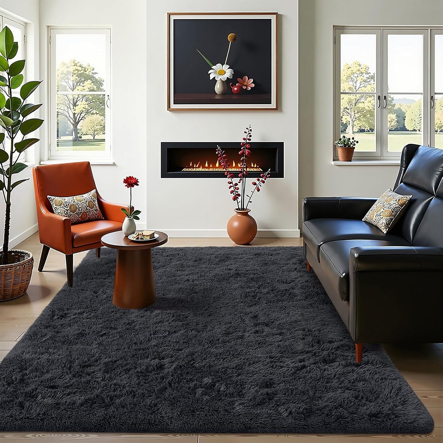 OLANLY Area Rug - Soft Fluffy Shaggy Design | Machine Washable Indoor Carpet for Living Room & Bedroom - Black