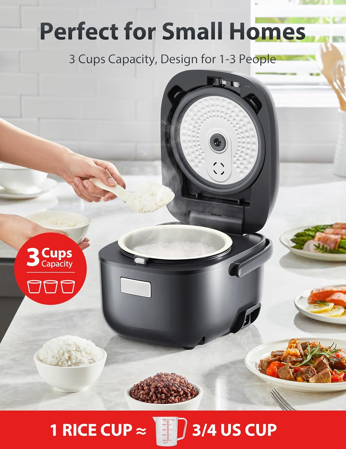 TOSHIBA 3-Cup Rice Cooker - LCD Display with 8 Cooking Functions | Non-Stick Inner Pot, Grey