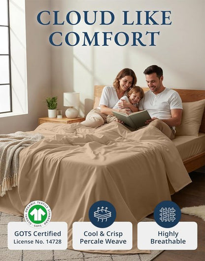 LANE LINEN 100% Organic Cotton Sheets Set - Ultra Soft Long-Staple Percale | GOTS Certified, King Size, Taupe