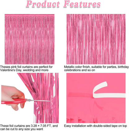 ZATAYE Pink Foil Fringe Curtains - 12 Pack Metallic Tinsel Backdrop for Parties | 3.28 FT x 7.05 FT