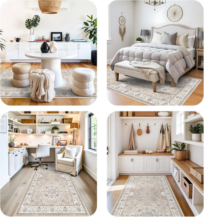 Skiennix Washable 4x12 Wide Hallway Runner - Vintage Soft Non-Slip Water-Resistant Rug | Beige