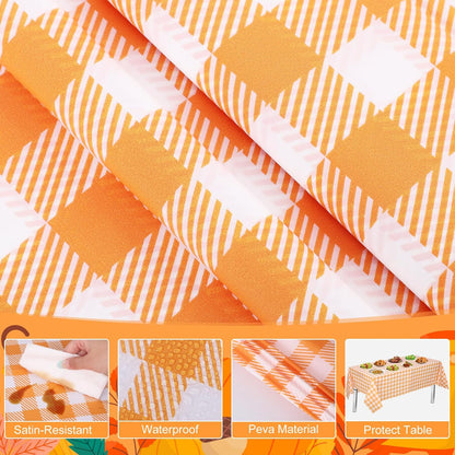 Skiennix 6 Pack Orange Gingham Tablecloths - 54 x 108 Inch Waterproof Disposable Covers for Parties & Picnics