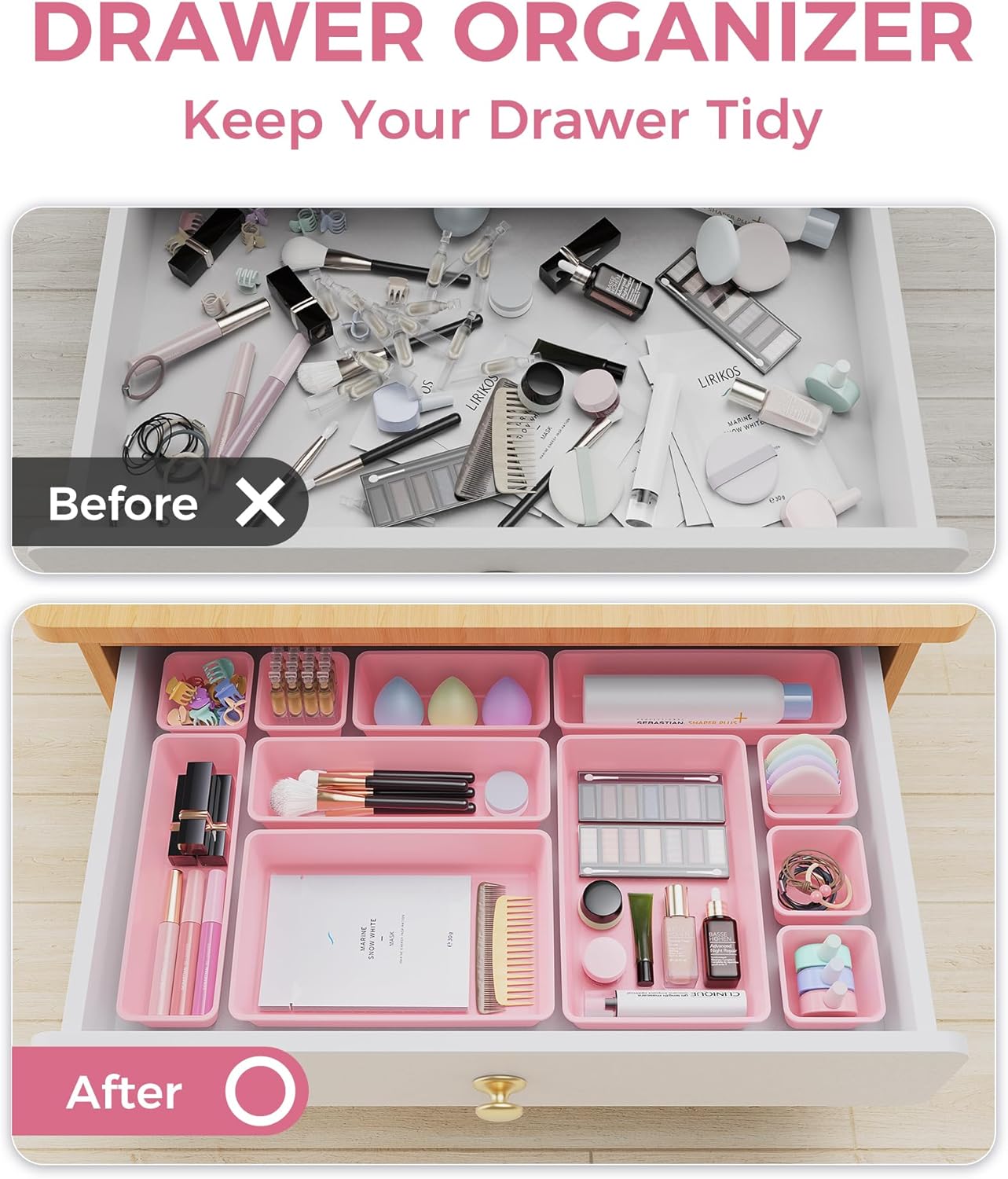 BiuLeon 25 PCS Plastic Drawer Organizers Set - Versatile Vanity & Makeup Storage | 4 Sizes in Pink