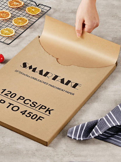 SMARTAKE Parchment Paper Sheets - 120 Pcs Non-Stick Baking Paper, 16x24 Inch, Unbleached for Air Fryer & Oven