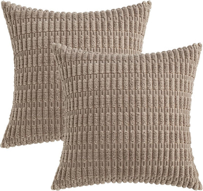 MIULEE Euro Sham Pillow Covers - Soft Boho Striped Corduroy | 24x24 Inch Light Brown Decor for Sofa & Bed