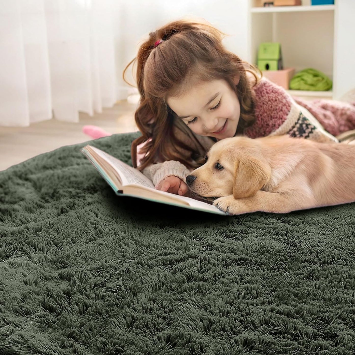 OLANLY Olive Green Round Rug - Soft, Fluffy Shag Area Rug | 6 ft Machine Washable Carpet for Bedroom & Living Room