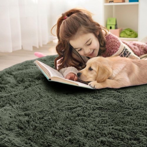 OLANLY Olive Green Round Rugs for Bedroom - Machine Washable, 2 ft Circle Area Rugs for Living Room, Soft and Fluffy Shaggy Carpet for Teen Girl and Boys, Nursery Rooms, Dorms, Home Decor Aesthetic