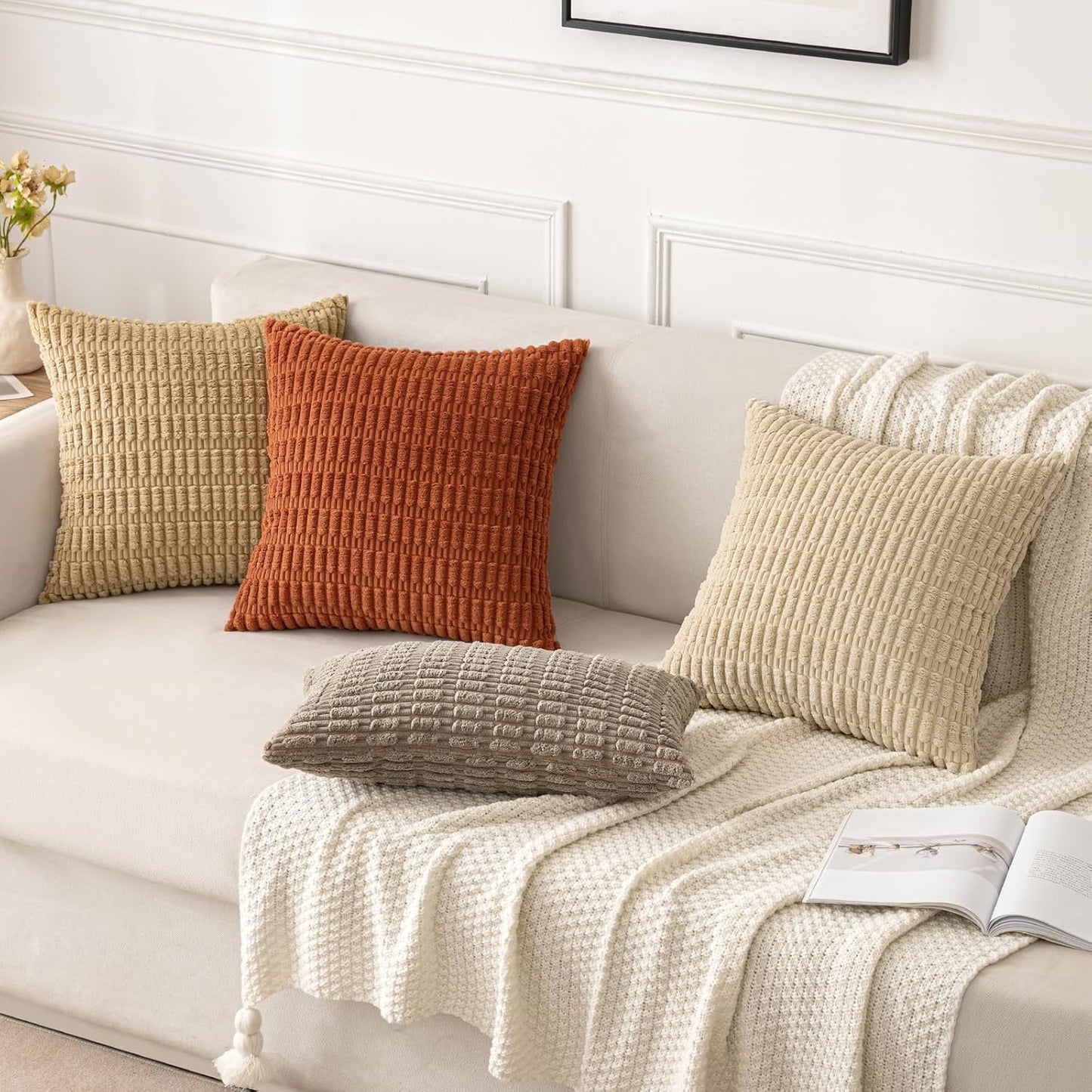 MIULEE Corduroy Throw Pillow Covers - Soft Boho Striped Design | 16x16 Inch Tan for Modern Farmhouse Decor