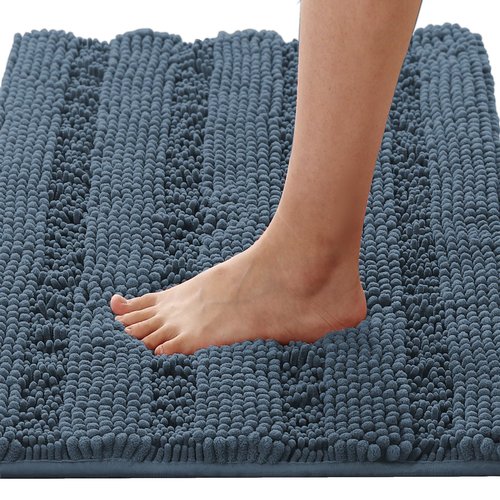 H.VERSAILTEX Bath Mats for Bathroom Non Slip Thick Chenille Striped Bath Rug Absorbent Fluffy Soft Shaggy Rugs Washable Dry Fast Plush Mats for Indoor, Bath Room, Tub - 17" x 24", Blue Indigo