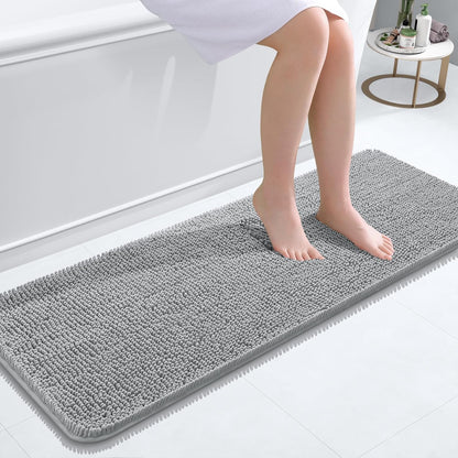 OLANLY Bathroom Runner Rugs - Soft Absorbent Chenille with Rubber Backing | 47x17 Inches, Light Grey