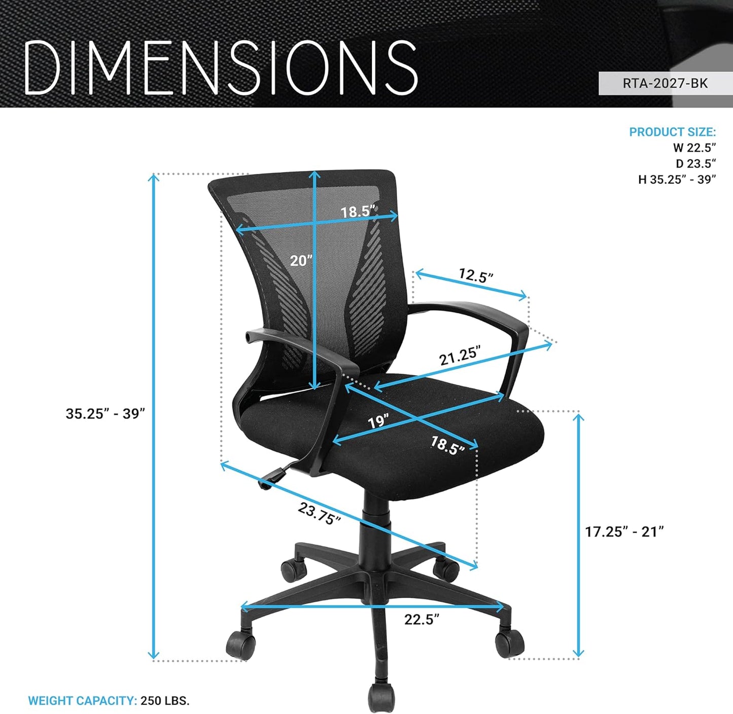 Techni Mobili Ergonomic Mesh Office Chair - Adjustable Height & Tilt, Black with Lumbar Support