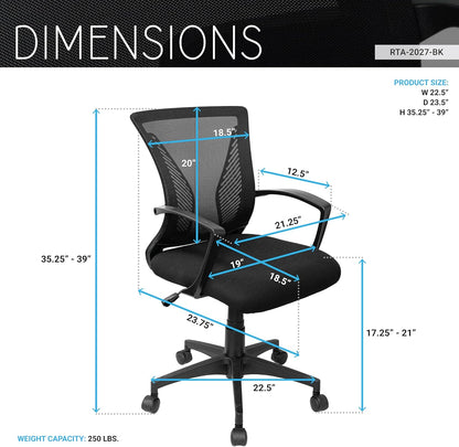 Techni Mobili Ergonomic Mesh Office Chair - Adjustable Height & Tilt, Black with Lumbar Support