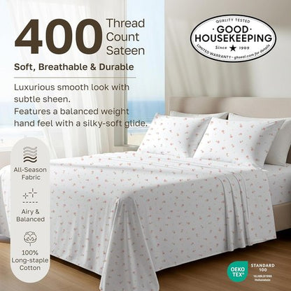 California Design Den Twin Bed Sheets Set - 100% Cotton, 400 Thread Count, Smooth Sateen Finish, Floral Design