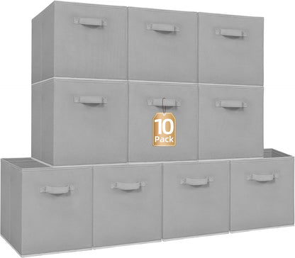 Storage Maniac 13-Inch Collapsible Storage Cubes - 10 Pack Durable Fabric Bins for Organization | Grey