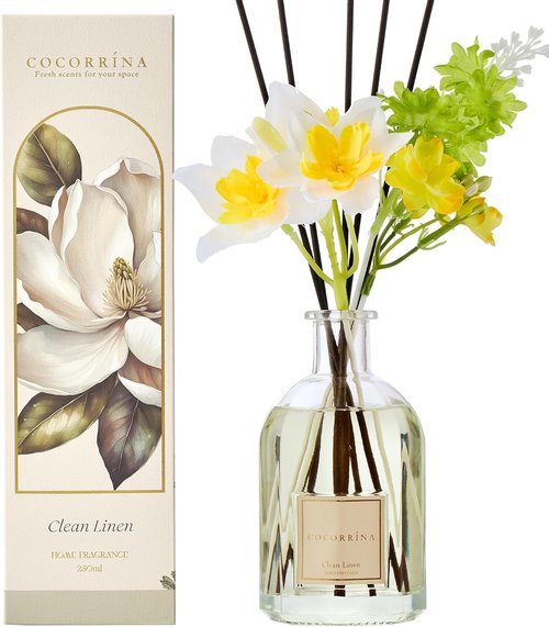 COCORRÍNA Reed Diffuser - Clean Linen Scent | 8.5 Fl. Oz. (250ml) Floral Home Decor with 8 Sticks