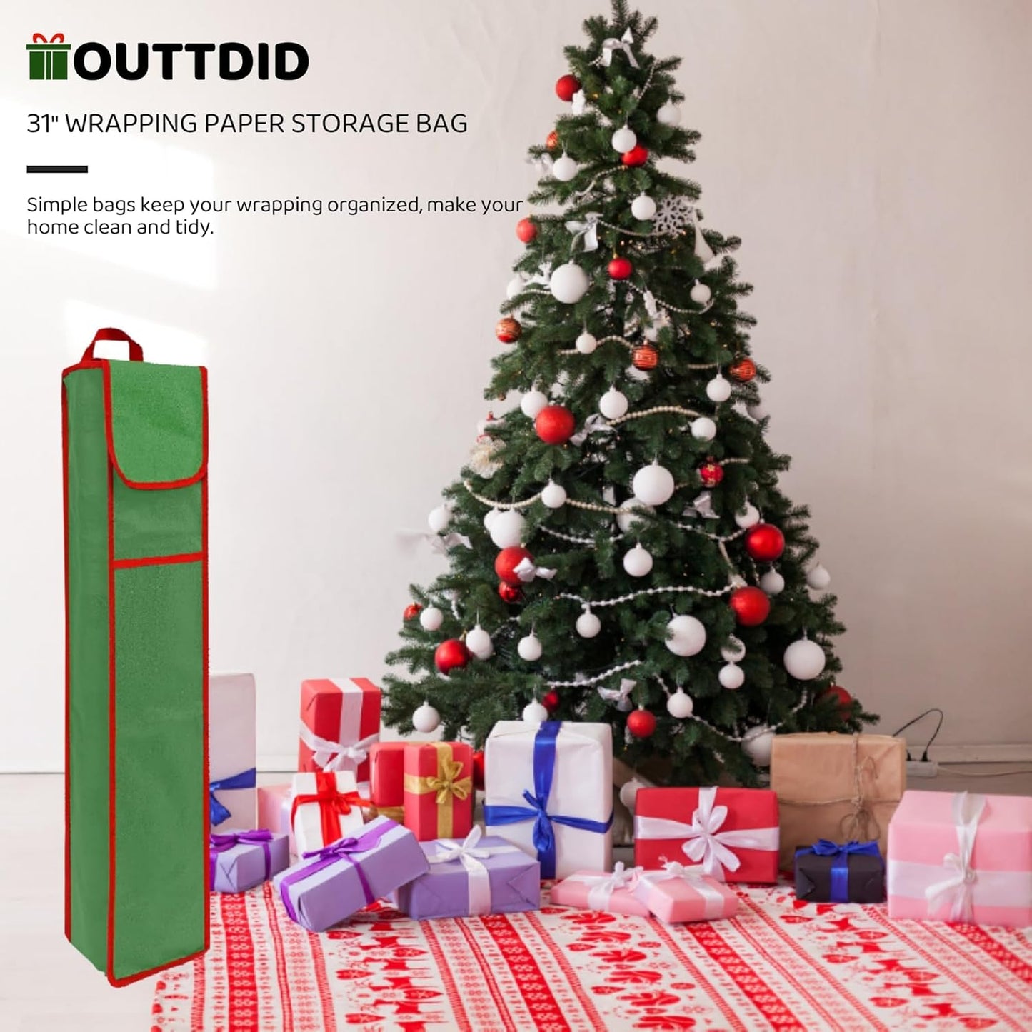 OUTTDID Wrapping Paper Storage Bag - Gift Organizer for 9 Standard Rolls | Green with Pocket for Crafts