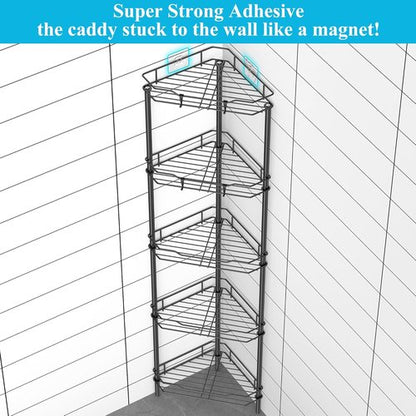 HuggieGems 5-Tier Corner Shower Caddy Organizer - Stylish Black Bathroom Shelf with Hooks