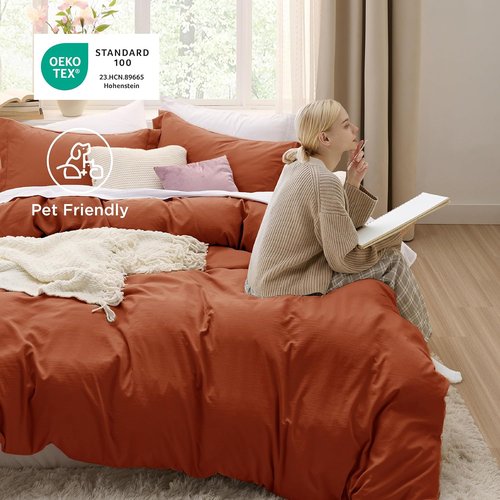Bedsure Terracotta Duvet Cover Set - Extra Soft Prewashed Cotton-Like Bedding, Queen Size 90x90 Inches with Zipper Closure & 2 Pillow Shams