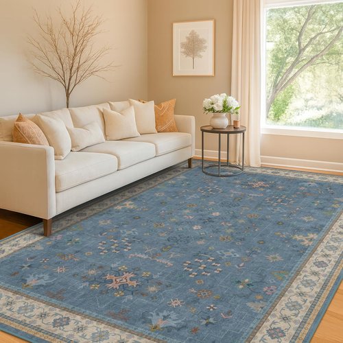 Boho 6x8 Living Room Rug - Modern Blue Lightweight Washable Carpet for Dining Room & Bedroom Décor