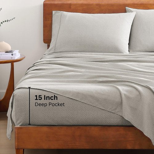 LANE LINEN 100% Organic Cotton Grey (White Dot) Full-Sheets Set 4-Piece Long Staple Percale Weave Bedding Sheets for Bed Breathable Fits Mattress Upto 15in Deep