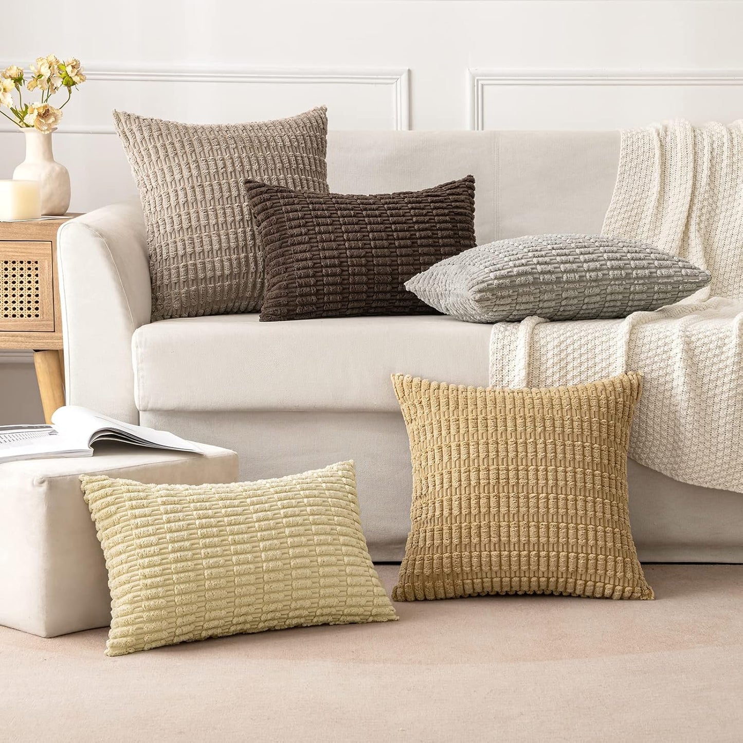MIULEE Decorative Lumbar Throw Pillow Covers - Soft Boho Striped Design | 20x12 Inch Light Brown for Sofa & Living Room