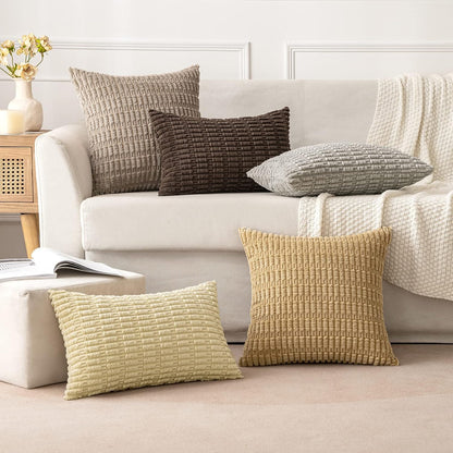 MIULEE Decorative Throw Pillow Covers - Soft Corduroy Boho Striped Design | 16x16 Inch, Dark Brown, Set of 2