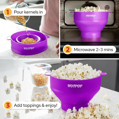 Hotpop Microwave Popcorn Popper - Collapsible Silicone Bowl, BPA-Free & Dishwasher Safe | Purple