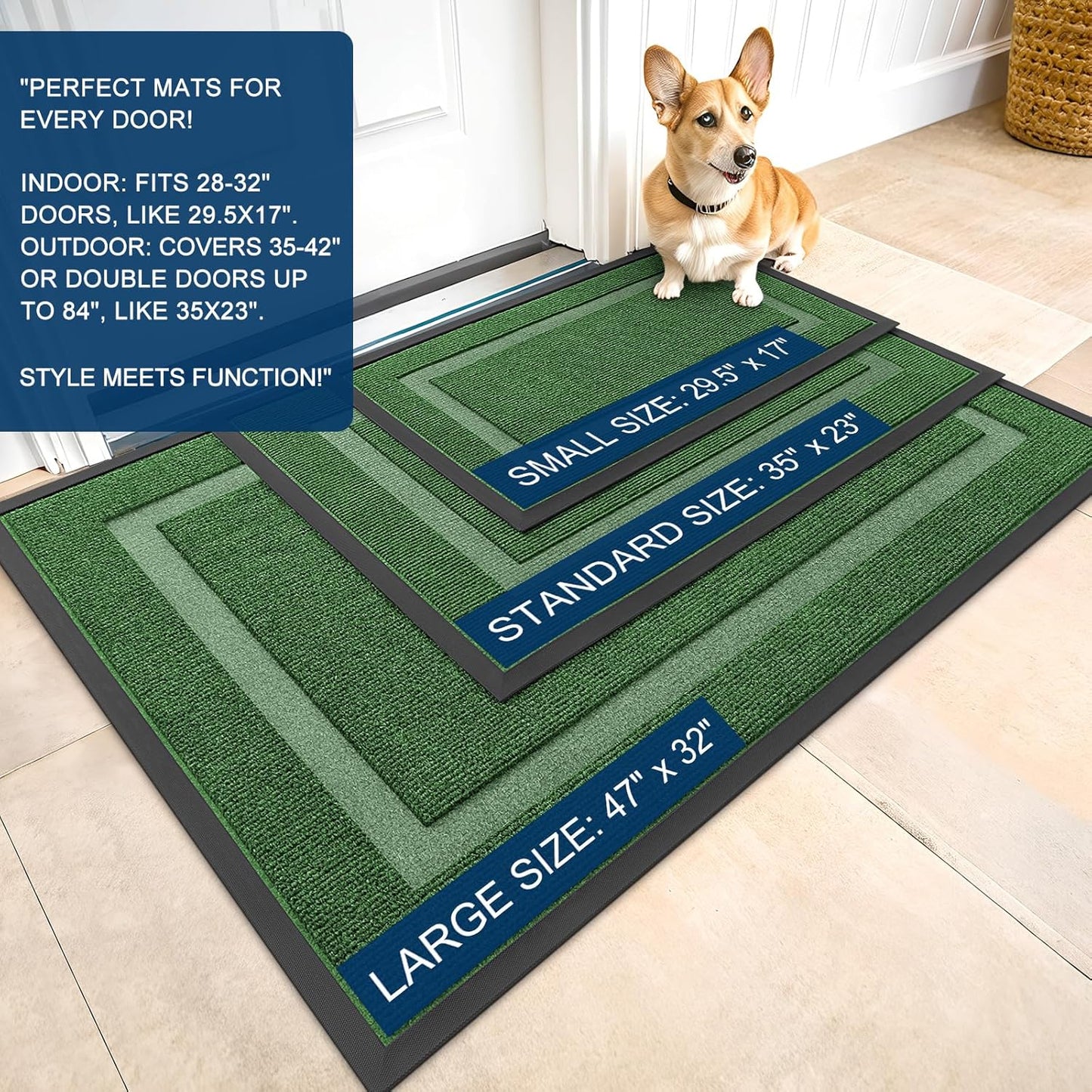 OLANLY Waterproof Front Door Mat - All-Season, Sturdy Natural Rubber, Easy Clean | 59x20, Green
